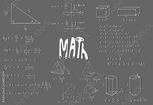 Chalkboard mathematical vector pattern with geometrical figures and formulas, used for school education and document decoration. Isolated, you can use any color of background.