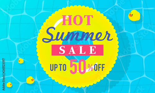 Hot Summer Sale Vector illustration. Yellow swim ring with floating duck on pool.