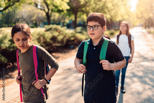 School kids going together to the school