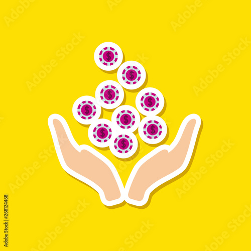paper sticker on stylish background coins in hand