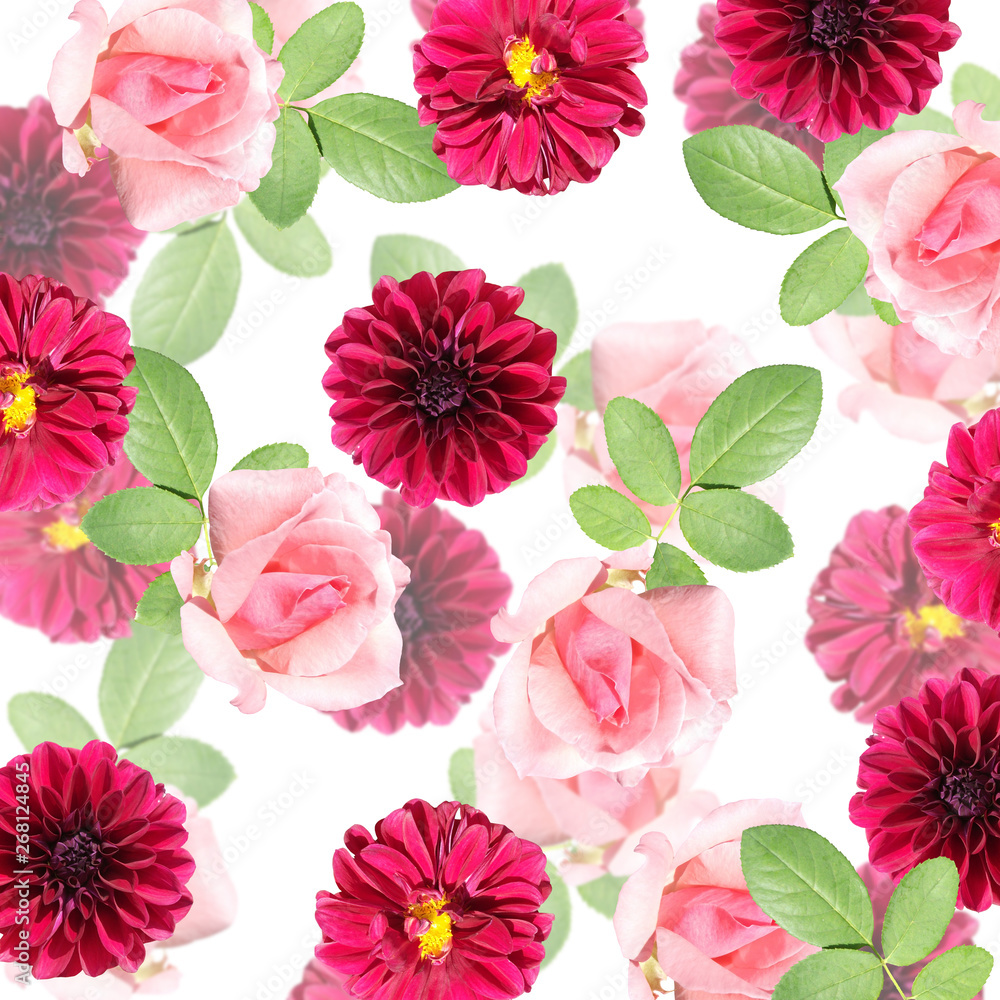 Beautiful floral background of dahlias and roses. Isolated