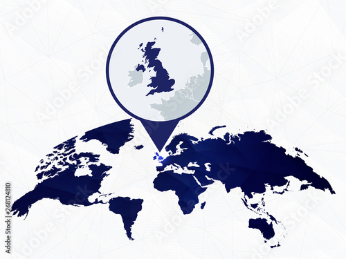 United Kingdom detailed map highlighted on blue rounded World Map.