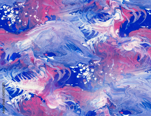 Blue, pink and white fluid gouache finger painting as seamless surface pattern design
