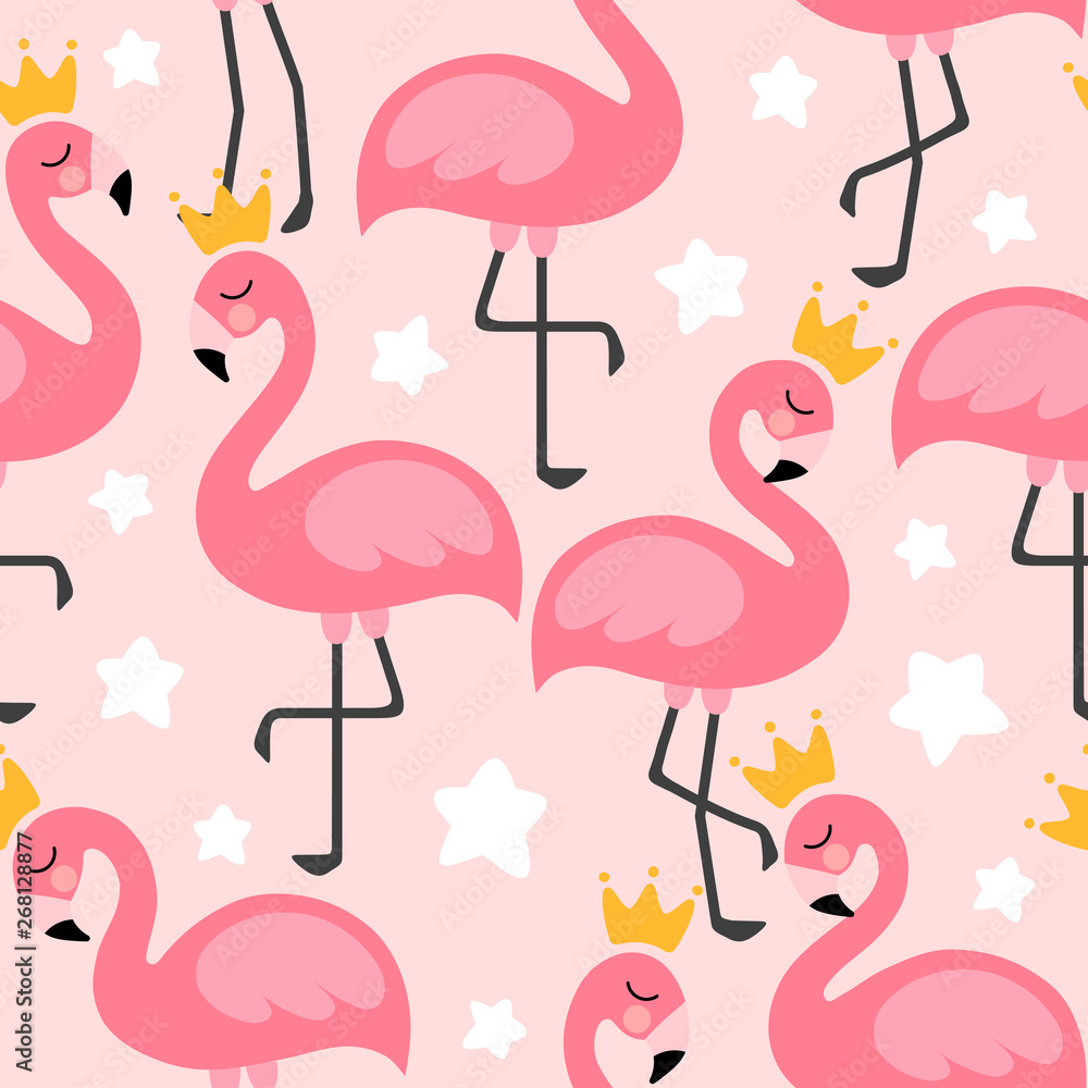 Fototapeta premium Flamingo Cute Seamless Pattern, Summer Wallpaper Background, Cartoon Vector illustration