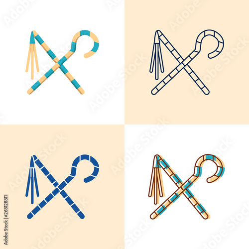 Egyptian crook and flail icon set in flat and line style