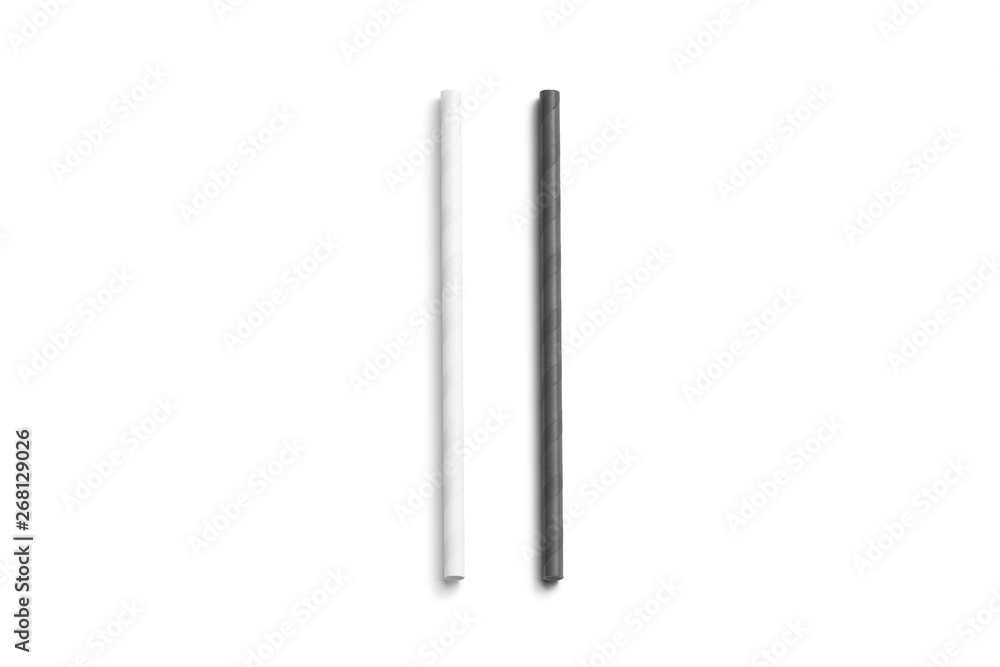 Blank black and white paper straw mockup isolated, top view, 3d rendering. Clear drink pipe mock up lies. Empty eco party tube for cocktails. Disposable recycling tubule for milk shake.