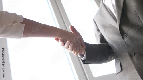 Two business partner shake hands when meeting between a man and woman in suit. Successful deal.