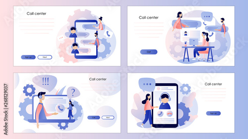 Call center. Screen template for mobile smart phone, landing page, template, ui, web, mobile app, poster, banner, flyer. Flat style. Vector illustration