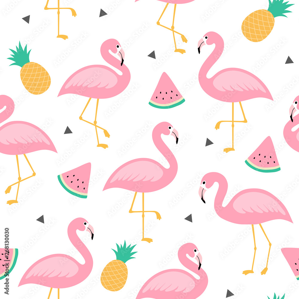 Obraz premium Flamingo Cute Seamless Pattern, Summer Wallpaper Background, Cartoon Vector illustration