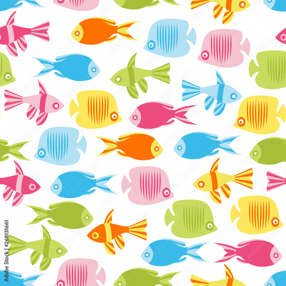 Fototapeta premium Vector seamless pattern with multicolor decorative ocean fishes. Funny under sea background