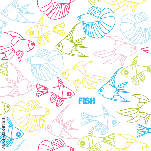 Vector seamless pattern with multicolor decorative ocean fishes. Funny under sea background