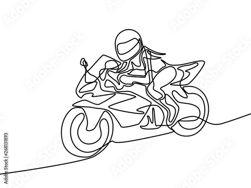 Continuous one line woman in helmet ride on motorcycle 