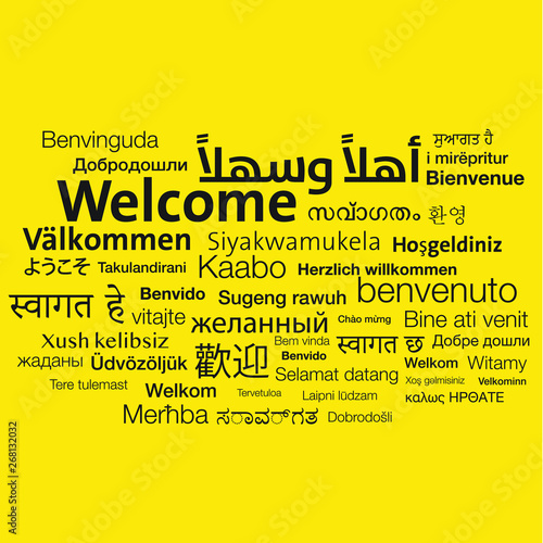 Welcome typography by world languages, to welcoming guests, black on yellow background  