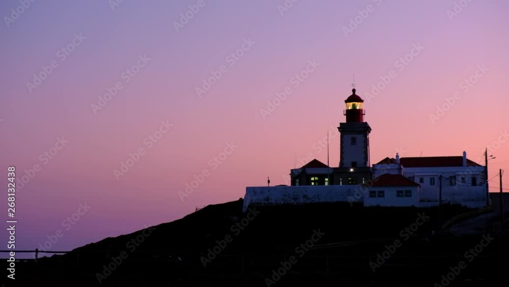 Wide angle video of Cabo da Roca Lighthouse over the cliffs at dusk, Portugal. The most westerly point of the European mainland. Wide angle video of Cabo da Roca Lighthouse over the cliffs at dusk, Portugal. The most westerly point of the European mainland.