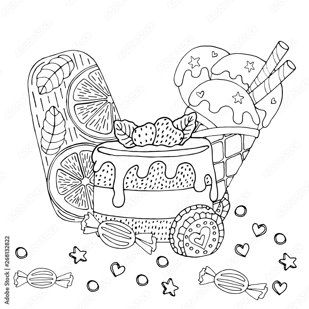 Coloring page with cake, cupcake, candy, ice cream and other dessert ...