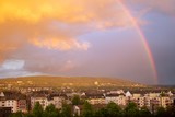 Koblenz skyline in Germany with rain sun and rainbow