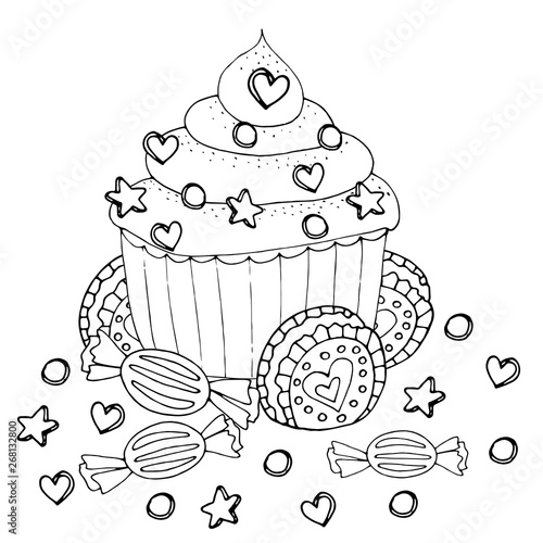 Coloring page with cake, cupcake, candy and other dessert