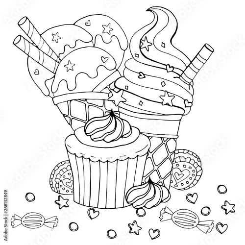 Coloring page with cake, cupcake, candy, ice cream and other dessert