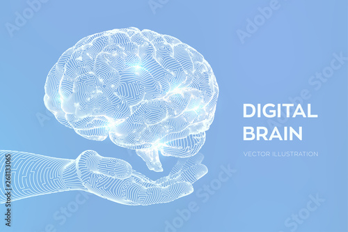 Brain. Digital brain in hand. 3D Science and Technology concept. Neural network. IQ testing, artificial intelligence virtual emulation science technology. Brainstorm think idea. Vector illustration.