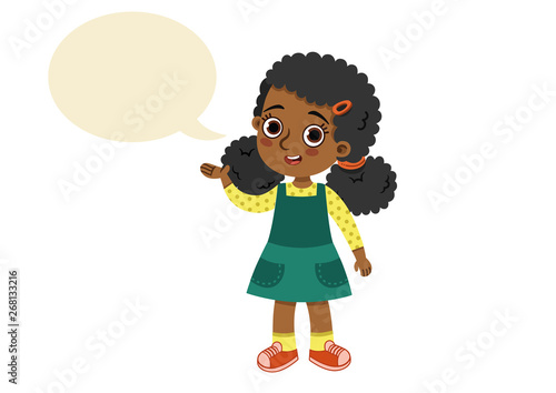 Afro-American girl with speech balloon. Vector illustration.