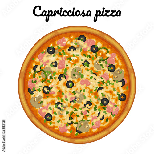 Capricciosa pizza with ham, olives and mushrooms. Object for packaging, advertisements, menu. Isolated on white. Vector illustration. Cartoon.