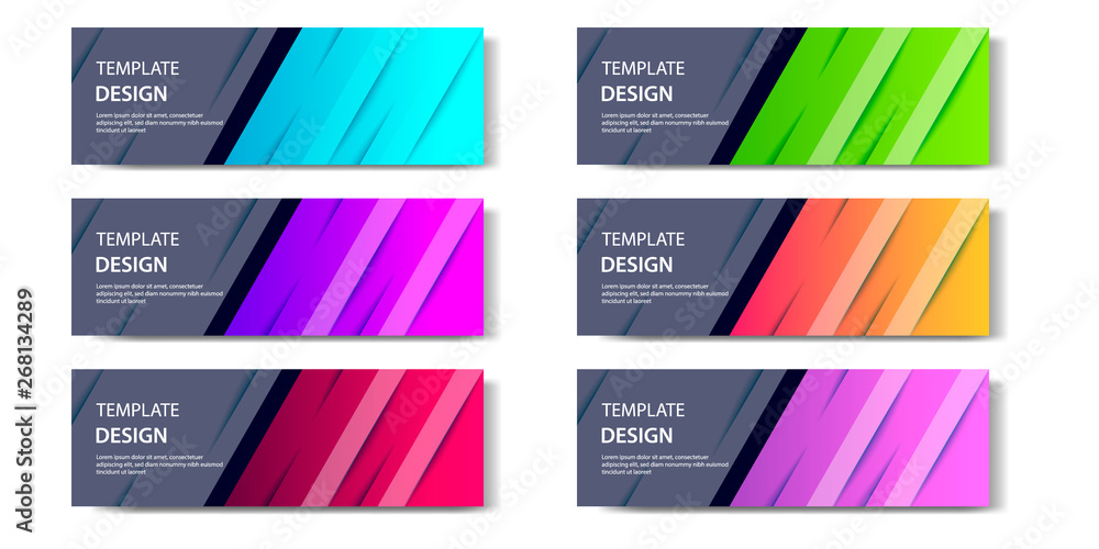 Fototapeta premium 6 Set of Abstract geometric business banner template with vibrant dynamic color gradation in blue, purple, red, orange and green