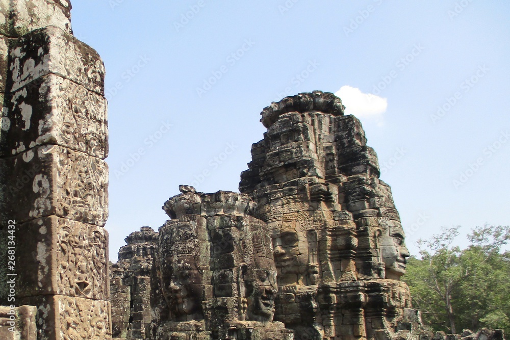 Cambodia Angkor Wat Bayon Head. Stone face of god on top of Angkor Thom.