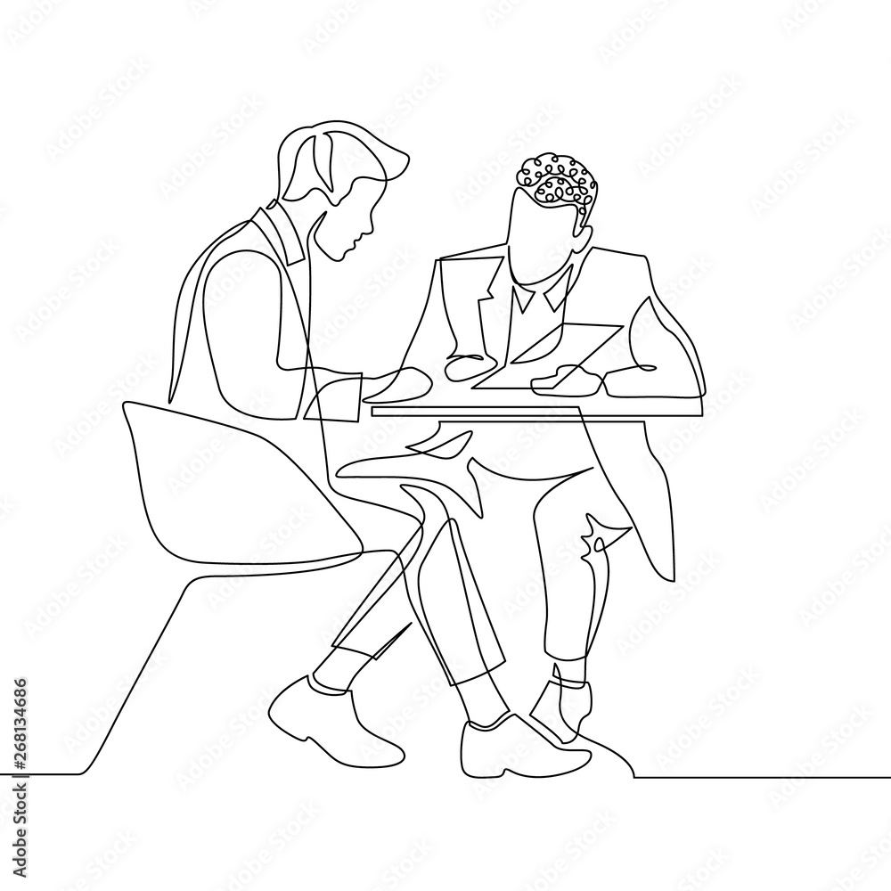 Continuous one line drawing two businessman discussing work with documents