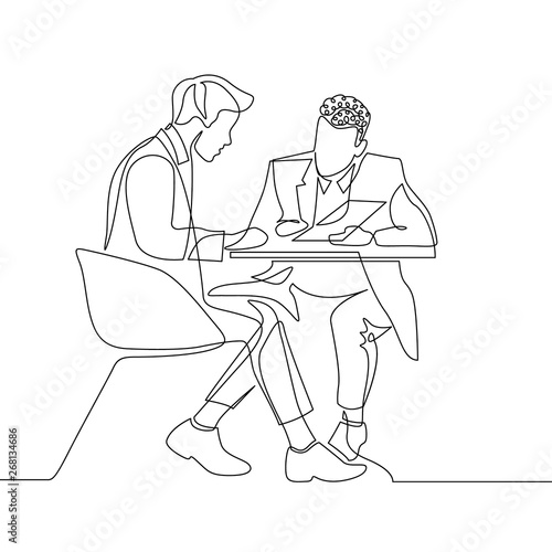 Obraz na płótnie Continuous one line drawing two businessman discussing work with documents w salonie
