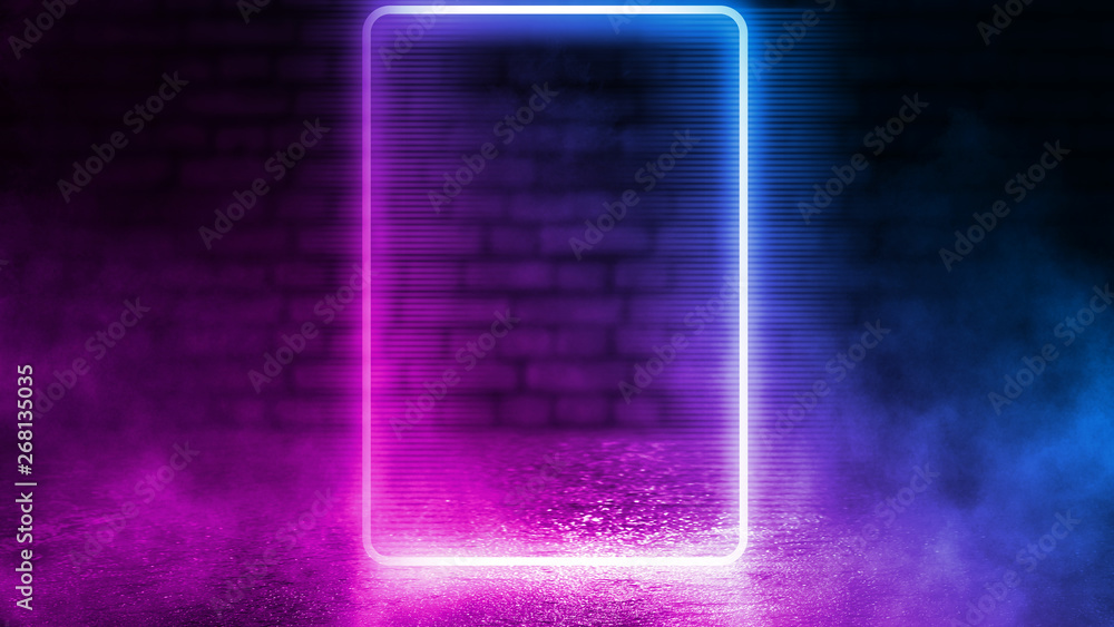 Empty disco scene background, old brick wall. Neon square figure in the center of the scene. Neon light smoke. Dark abstract futuristic background Empty disco scene background, old brick wall. Neon square figure in the center of the scene. Neon light smoke. Dark abstract futuristic background