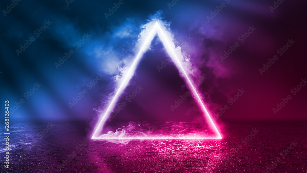Background of an empty disco scene. Neon figure of a fractal triangle in the center of the scene. Neon light smoke. Dark abstract futuristic background - obrazy, fototapety, plakaty 