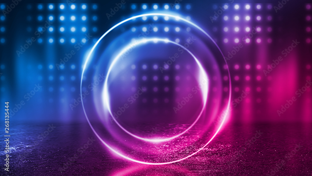 Background of an empty disco scene. Neon figure of a fractal circle in the center of the scene. Neon light smoke. Dark abstract futuristic background Background of an empty disco scene. Neon figure of a fractal circle in the center of the scene. Neon light smoke. Dark abstract futuristic background