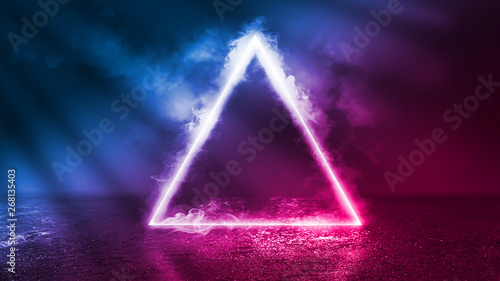 Background of an empty disco scene. Neon figure of a fractal triangle in the center of the scene. Neon light smoke. Dark abstract futuristic background