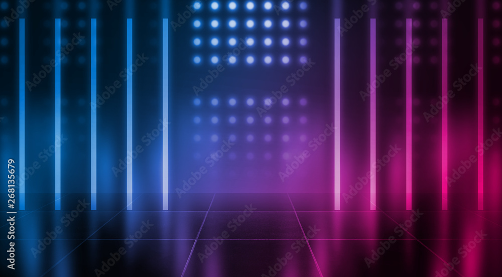 Empty background scene. Dark room, neon blue and pink figures in the dark, smoke. Abstract dark background. Empty background scene. Dark room, neon blue and pink figures in the dark, smoke. Abstract dark background.