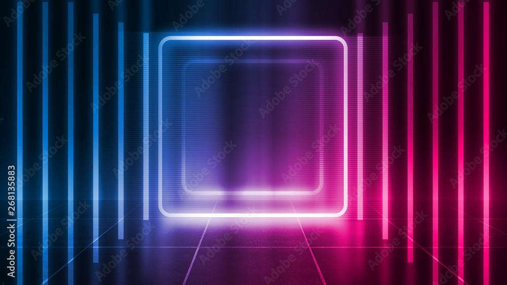Background of an empty disco scene. Neon square figure in the center of the scene. Neon light smoke. Dark abstract futuristic background Background of an empty disco scene. Neon square figure in the center of the scene. Neon light smoke. Dark abstract futuristic background