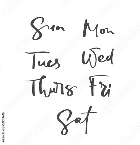 Hand drawn decorative lettering of days of the week with different letters in isolated on white background for calendar, planner, diary, decoration, sticker, poster