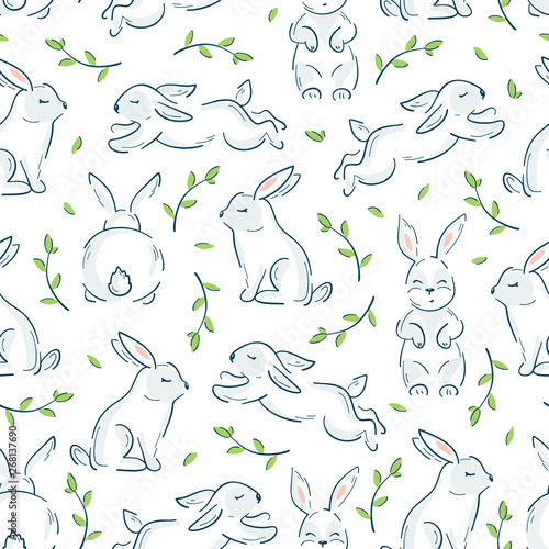 Easter Seamless Pattern with Bunnies. Floral Background with Little Rabbits. Cute Bunny with Leaves. Hares Line Art Vector Illustration