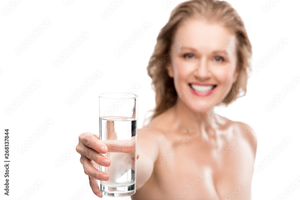 smiling mature woman with glass of water Isolated On White smiling mature woman with glass of water Isolated On White