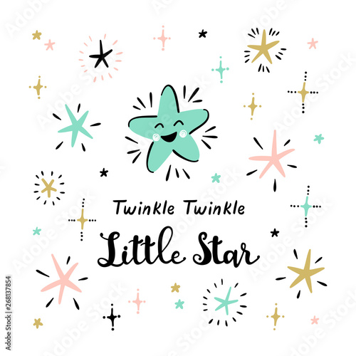 T-shirt Print Design for Kids with Cute Stars and "Twinkle Twinkle Little Star" Phrase. Scandinavian Poster with Space Stars for Nursery Design. Baby Shower, Holiday or Birthday Background.
