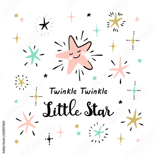 T-shirt Print Design for Kids with Cute Stars and "Twinkle Twinkle Little Star" Phrase. Scandinavian Poster with Space Stars for Nursery Design. Baby Shower, Holiday or Birthday Background.