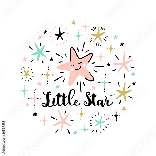 T-shirt Print Design for Kids with Cute Twinkle Stars and "Little Star" Phrase. Scandinavian Poster with Space Stars for Nursery Design. Baby Shower, Holiday or Birthday Background.