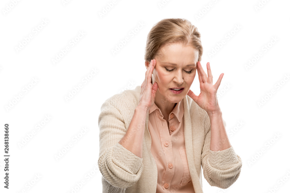 exhausted middle aged woman touching head while having headache Isolated On White exhausted middle aged woman touching head while having headache Isolated On White