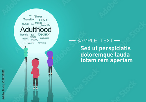 Transitions to adulthood concept.Young characters standing near white passage with different adulthood words.Copyspace.Flat cartoon design
