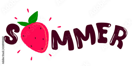 Summer. Handwritten text SUMMER with strawberries instead of letters. Vector illustration on white background.