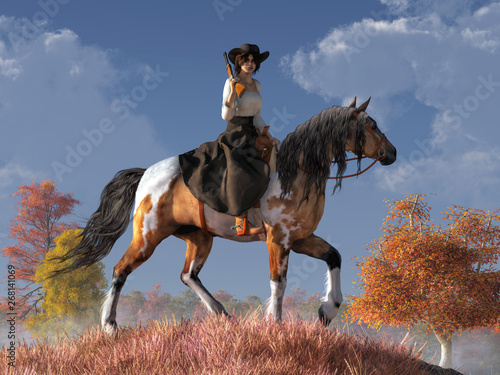 With a rifle resting on her shoulder a cowgirl wearing a black dress and white blouse in the saddle of a paint horse looks back at you in this scene from the American Wild West. 3D Rendering