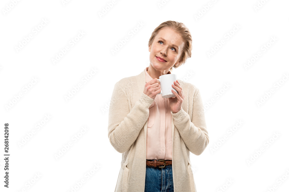 middle aged woman with coffee cup Isolated On White with copy space middle aged woman with coffee cup Isolated On White with copy space