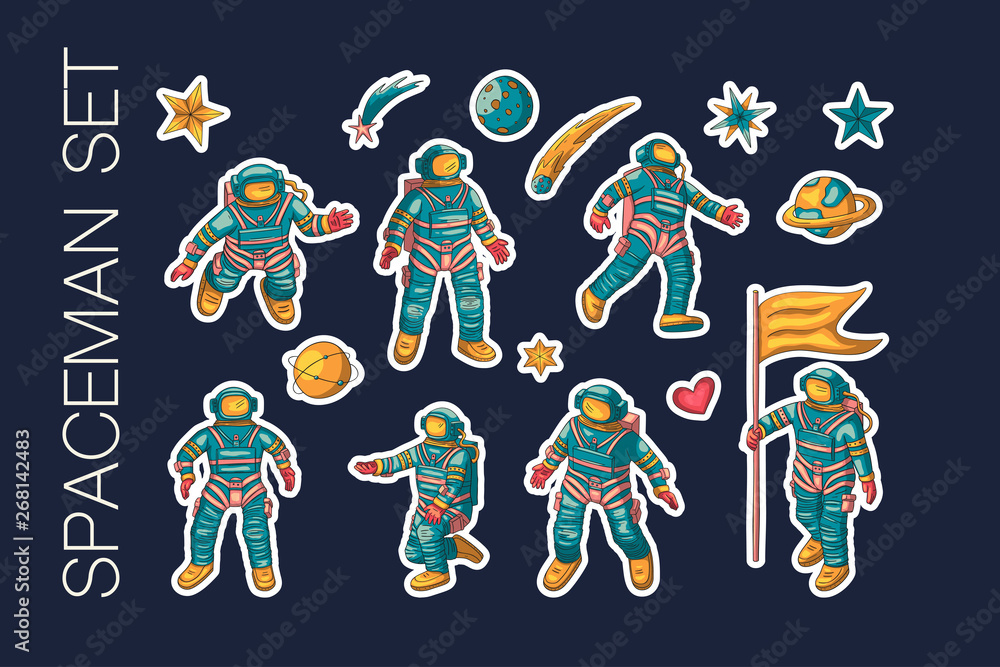 Astronaut in various poses. Other space vector set. Isolated spaceman icon collection. Clipart with cute cosmonaut characters, space explorer or pilot.