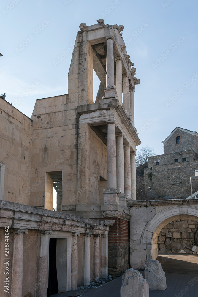 Ruins of Ancient Roman theatre of Philippopolis in city of Plovdiv, Bulgaria