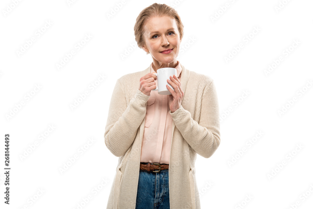middle aged woman with coffee cup looking at camera Isolated On White middle aged woman with coffee cup looking at camera Isolated On White