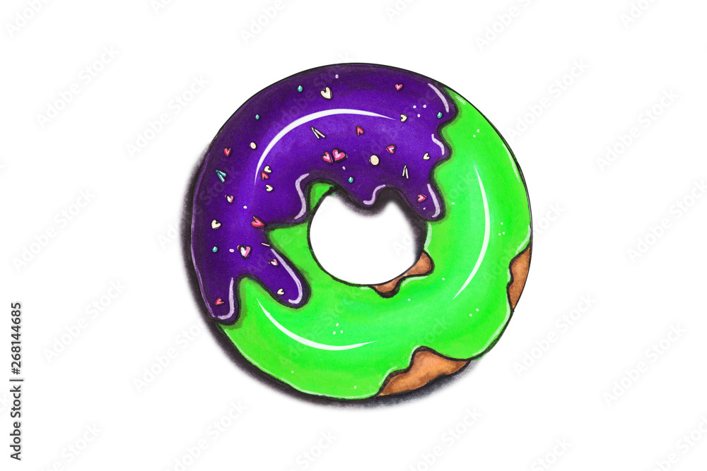 Hand drawn illustration - tasty donuts. Sketch on white isolated background. Sweet desserts. Perfect for leaflets, cards, posters, prints, menu, booklets Hand drawn illustration - tasty donuts. Sketch on white isolated background. Sweet desserts. Perfect for leaflets, cards, posters, prints, menu, booklets